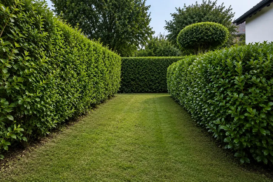 Dieselbe Hecke sauber in Form geschnitten und der Rasen gemäht