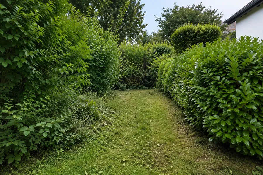 Überwachsene Hecke und ungepflegter Rasen vor dem Heckenschnitt