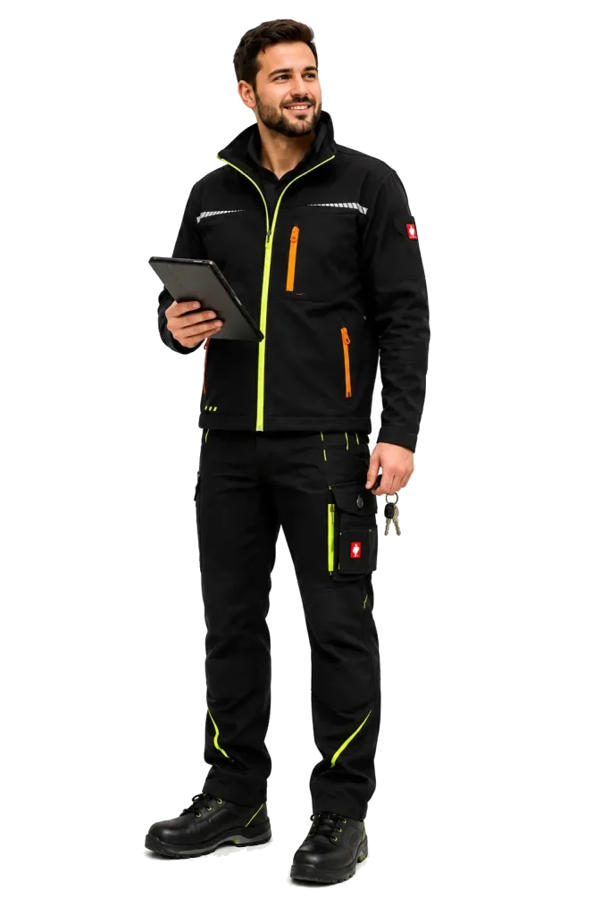 Mitarbeiter mit Tablet und Schlüsseln bei einer Wohnungsabnahme
