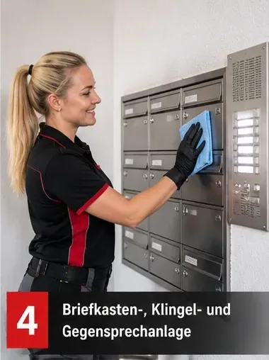 Briefkasten-, Klingel- und Gegensprechanlage – Mitarbeiterin reinigt eine Briefkastenanlage