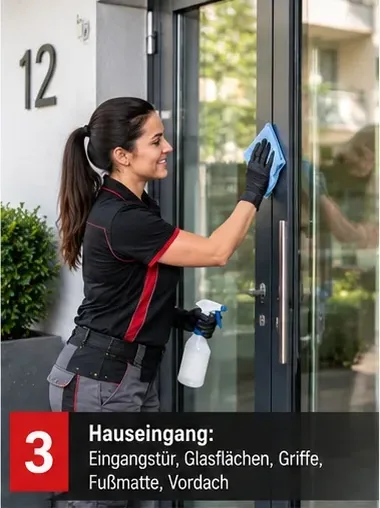 Hauseingang: Eingangstür, Glasflächen, Griffe, Fußmatte und Vordach – Mitarbeiterin reinigt eine Eingangstür