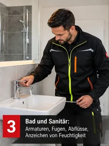 Bad und Sanitär: Armaturen, Fugen, Abflüsse, Anzeichen von Feuchtigkeit – Mitarbeiter prüft ein Waschbecken