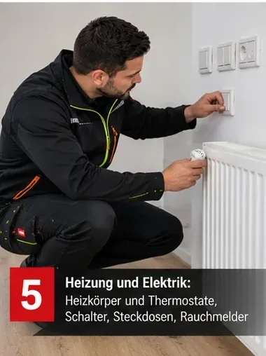 Heizung und Elektrik: Heizkörper und Thermostate, Schalter, Steckdosen, Rauchmelder – Mitarbeiter prüft ein Thermostat
