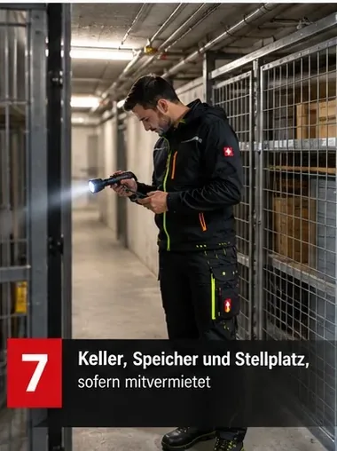 Keller, Speicher und Stellplatz, sofern mitvermietet – Mitarbeiter leuchtet einen Kellergang aus