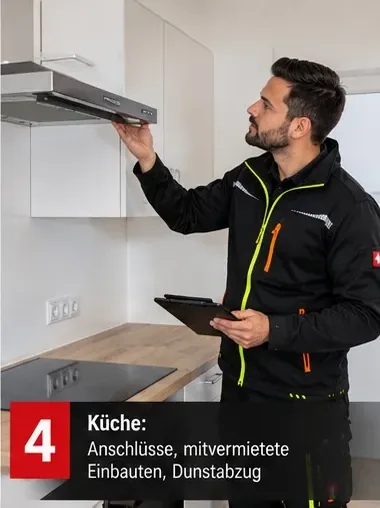 Küche: Anschlüsse, mitvermietete Einbauten, Dunstabzug – Mitarbeiter prüft eine Dunstabzugshaube