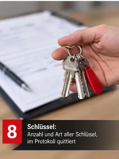 Schlüssel: Anzahl und Art aller Schlüssel, im Protokoll quittiert – Schlüsselbund über einem Abnahmeprotokoll