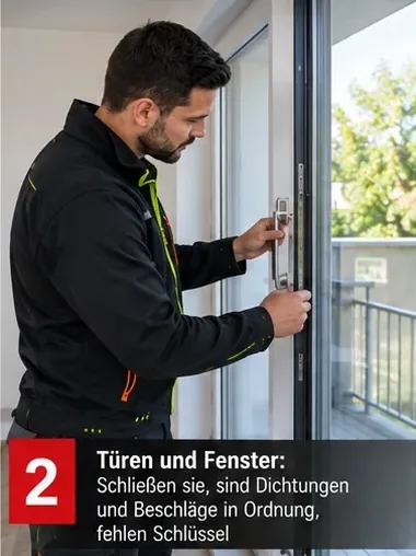 Türen und Fenster: Schließen sie, sind Dichtungen und Beschläge in Ordnung, fehlen Schlüssel – Mitarbeiter prüft einen Fenstergriff
