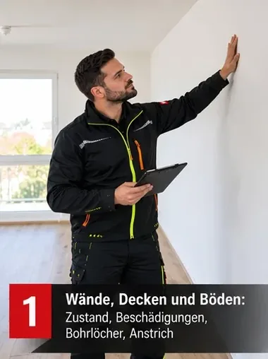 Wände, Decken und Böden: Zustand, Beschädigungen, Bohrlöcher, Anstrich – Mitarbeiter prüft eine Wand