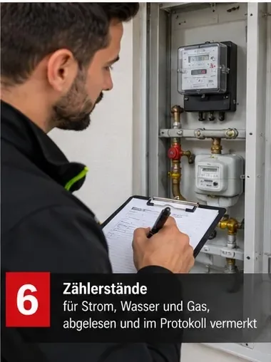 Zählerstände für Strom, Wasser und Gas, abgelesen und im Protokoll vermerkt – Mitarbeiter notiert einen Zählerstand