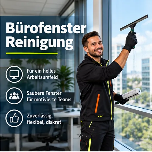 Bürofensterreinigung: für ein helles Arbeitsumfeld und saubere Fenster im Büro – Fensterputzer reinigt ein Bürofenster