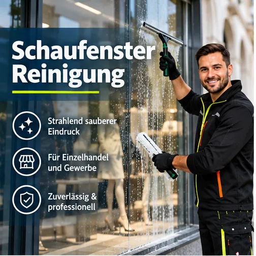 Schaufensterreinigung: strahlend sauberer Eindruck, für Einzelhandel und Gewerbe – Fensterputzer reinigt ein Schaufenster mit dem Abzieher