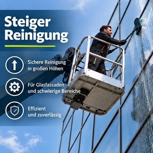 Reinigung mit dem Steiger: sicher in großen Höhen, für Glasfassaden und schwierige Bereiche – Mitarbeiter im Arbeitskorb einer Hubarbeitsbühne