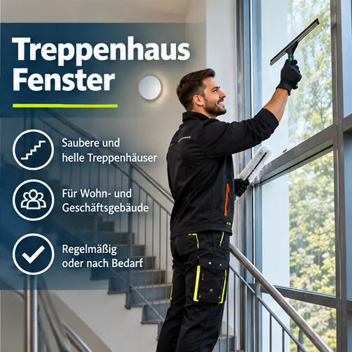 Treppenhausfenster: saubere und helle Treppenhäuser in Wohn- und Geschäftsgebäuden – Fensterputzer reinigt ein Treppenhausfenster