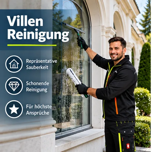 Fensterreinigung an Villen: repräsentative Sauberkeit, schonende Reinigung – Fensterputzer reinigt ein Rundbogenfenster