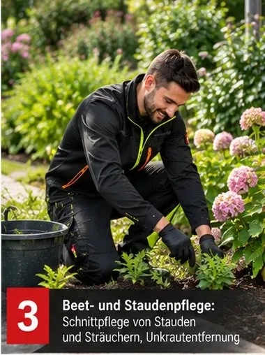 Beet- und Staudenpflege: Schnittpflege von Stauden und Sträuchern, Unkrautentfernung – Mitarbeiter bei der Beetarbeit