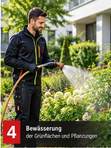 Bewässerung der Grünflächen und Pflanzungen – Mitarbeiter beim Gießen eines Beetes