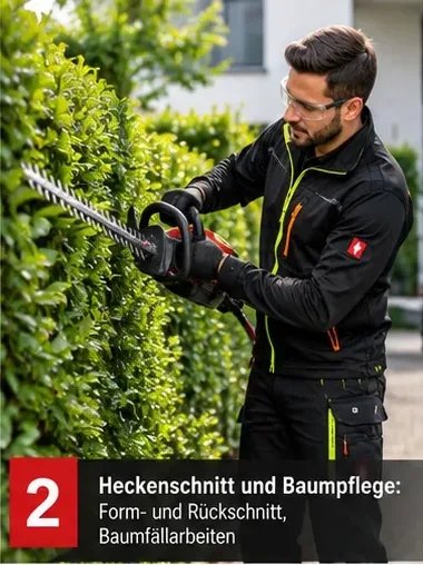 Heckenschnitt und Baumpflege: Form- und Rückschnitt, Baumfällarbeiten – Mitarbeiter mit Heckenschere
