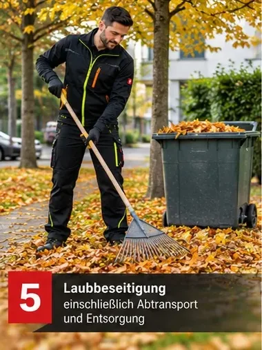 Laubbeseitigung einschließlich Abtransport und Entsorgung – Mitarbeiter beim Zusammenrechen von Laub