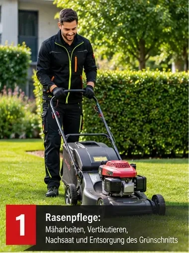 Rasenpflege: Mäharbeiten, Vertikutieren, Nachsaat und Entsorgung des Grünschnitts – Mitarbeiter mit Rasenmäher