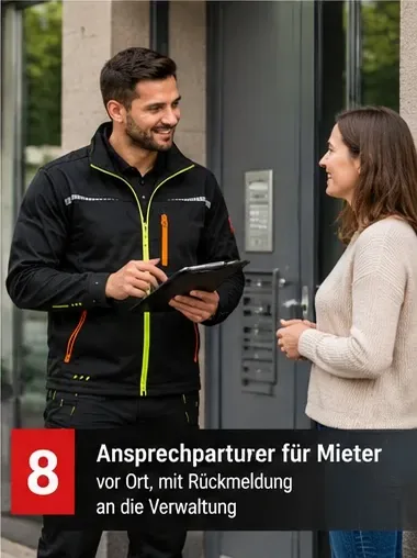 Ansprechpartner für Mieter vor Ort, mit Rückmeldung an die Verwaltung – Mitarbeiter im Gespräch mit einer Mieterin