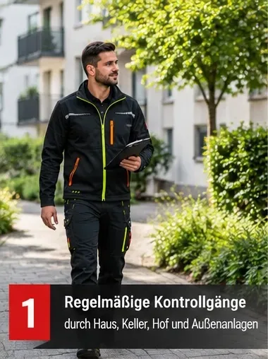 Regelmäßige Kontrollgänge durch Haus, Keller, Hof und Außenanlagen – Mitarbeiter mit Tablet auf dem Rundgang