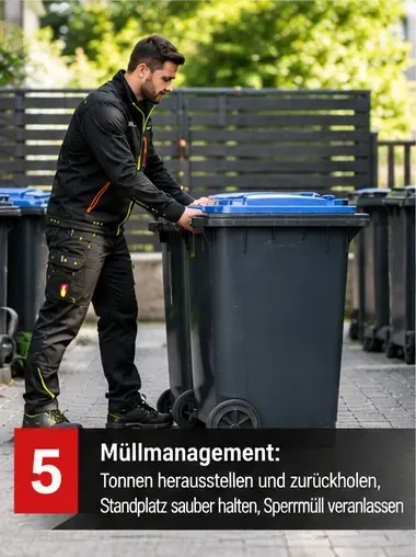 Müllmanagement: Tonnen herausstellen und zurückholen, Standplatz sauber halten, Sperrmüll veranlassen – Mitarbeiter an den Mülltonnen