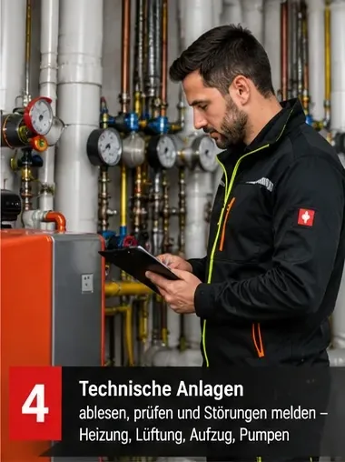 Technische Anlagen ablesen, prüfen und Störungen melden – Heizung, Lüftung, Aufzug, Pumpen: Mitarbeiter im Heizungsraum