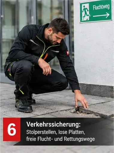 Verkehrssicherung: Stolperstellen, lose Platten, freie Flucht- und Rettungswege – Mitarbeiter prüft einen Gehweg neben einem Fluchtwegschild