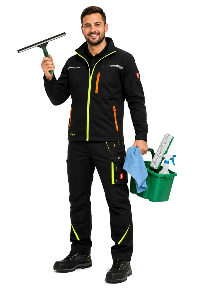 Fensterputzer mit Abzieher, Tuch und Putzeimer