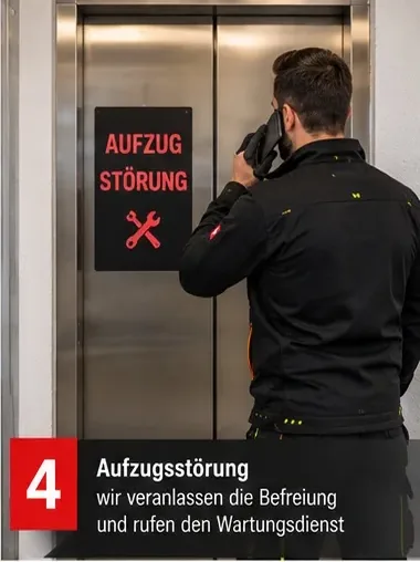 Aufzugsstörung: Wir veranlassen die Befreiung und rufen den Wartungsdienst – Mitarbeiter telefoniert vor einem gestörten Aufzug