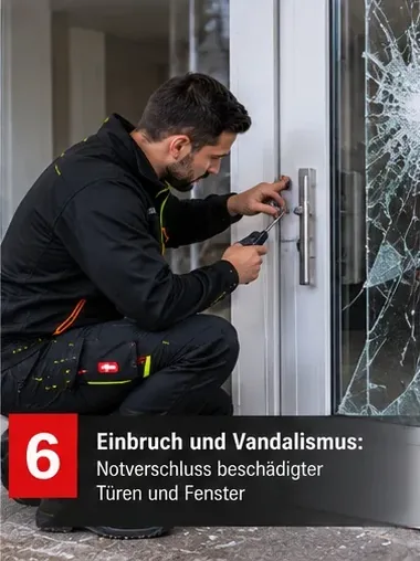 Einbruch und Vandalismus: Notverschluss beschädigter Türen und Fenster – Mitarbeiter sichert eine Tür mit zerbrochener Scheibe