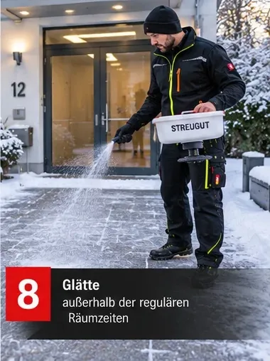 Glätte außerhalb der regulären Räumzeiten – Mitarbeiter streut vor einem Hauseingang