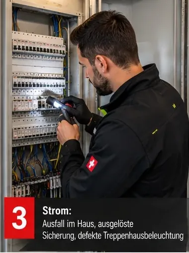 Strom: Ausfall im Haus, ausgelöste Sicherung, defekte Treppenhausbeleuchtung – Mitarbeiter am Sicherungskasten