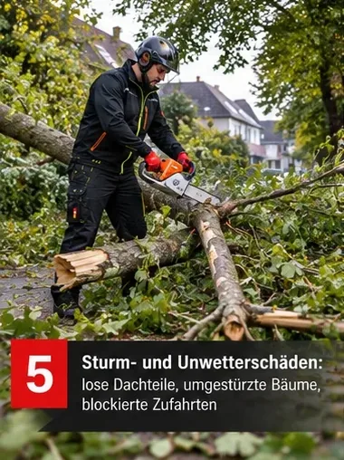 Sturm- und Unwetterschäden: lose Dachteile, umgestürzte Bäume, blockierte Zufahrten – Mitarbeiter zersägt einen umgestürzten Baum