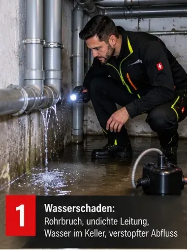 Wasserschaden: Rohrbruch, undichte Leitung, Wasser im Keller, verstopfter Abfluss – Mitarbeiter an einer undichten Leitung im Keller