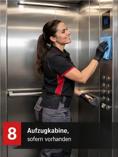 Aufzugkabine, sofern vorhanden – Mitarbeiterin reinigt das Bedienfeld einer Aufzugkabine