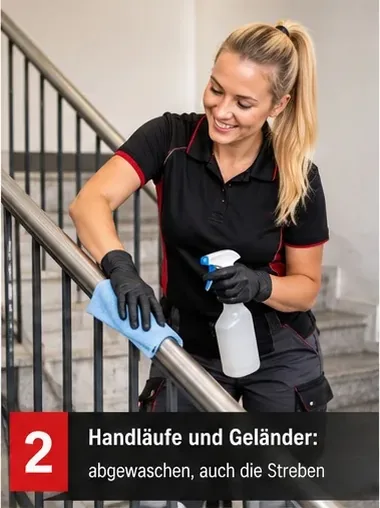 Handläufe und Geländer abgewaschen, auch die Streben – Mitarbeiterin reinigt ein Treppengeländer