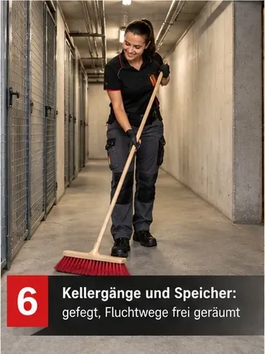Kellergänge und Speicher gefegt, Fluchtwege frei geräumt – Mitarbeiterin fegt einen Kellergang