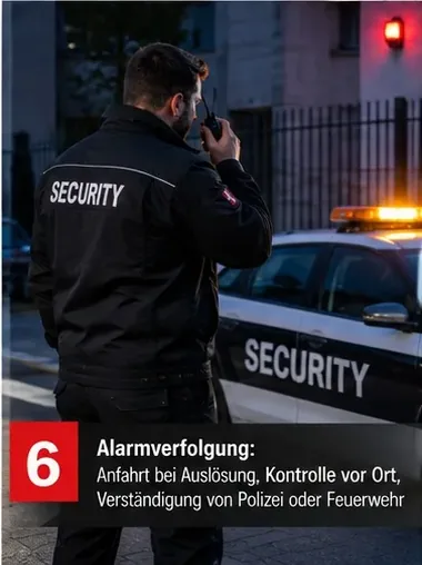 Alarmverfolgung: Anfahrt bei Auslösung, Kontrolle vor Ort, Verständigung von Polizei oder Feuerwehr – Mitarbeiter neben einem Einsatzfahrzeug