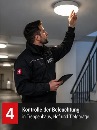 Kontrolle der Beleuchtung in Treppenhaus, Hof und Tiefgarage – Mitarbeiter prüft eine Deckenleuchte