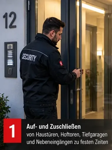 Auf- und Zuschließen von Haustüren, Hoftoren, Tiefgaragen und Nebeneingängen zu festen Zeiten – Mitarbeiter schließt eine Haustür auf