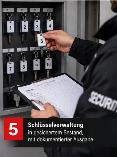 Schlüsselverwaltung in gesichertem Bestand, mit dokumentierter Ausgabe – Mitarbeiter am Schlüsselschrank