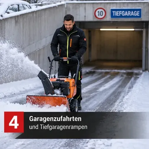 Garagenzufahrten und Tiefgaragenrampen – Mitarbeiter mit Schneefräse an einer Tiefgarageneinfahrt