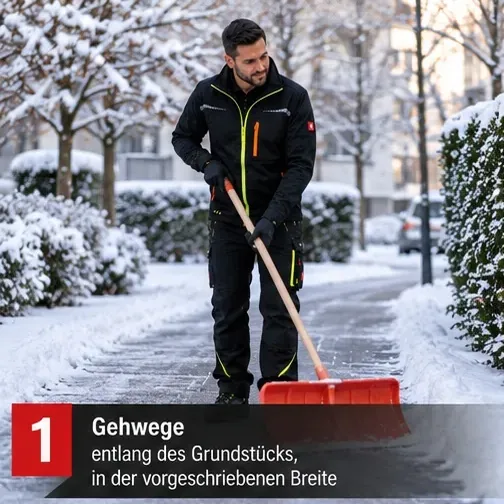Gehwege entlang des Grundstücks, in der vorgeschriebenen Breite – Mitarbeiter schiebt Schnee vom Gehweg