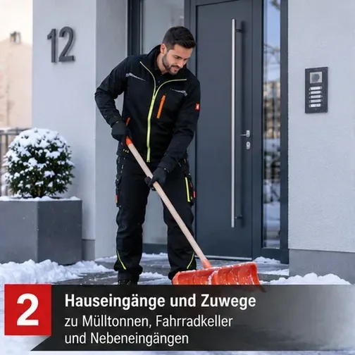 Hauseingänge und Zuwege zu Mülltonnen, Fahrradkeller und Nebeneingängen – Mitarbeiter räumt vor einer Haustür
