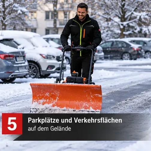 Parkplätze und Verkehrsflächen auf dem Gelände – Mitarbeiter mit Räumschild auf einem Parkplatz