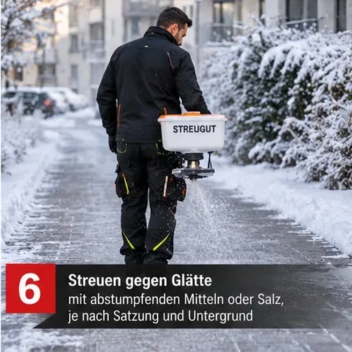 Streuen gegen Glätte mit abstumpfenden Mitteln oder Salz, je nach Satzung und Untergrund – Mitarbeiter mit Streuwagen