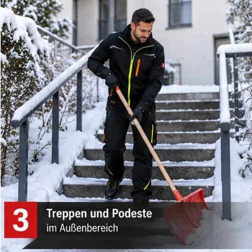 Treppen und Podeste im Außenbereich – Mitarbeiter räumt eine Außentreppe